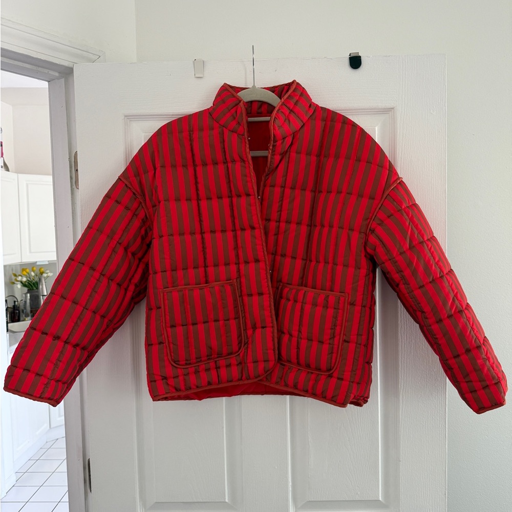 Red and Brown Striped Puffer Jacket